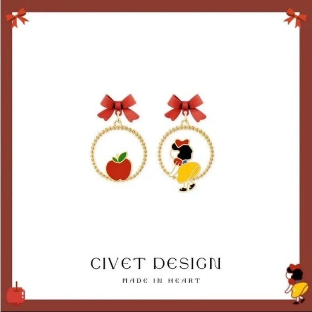 Princess Snow White‎ Fairy Tale Earrings – Gold Apple & Silhouette Asymmetrical